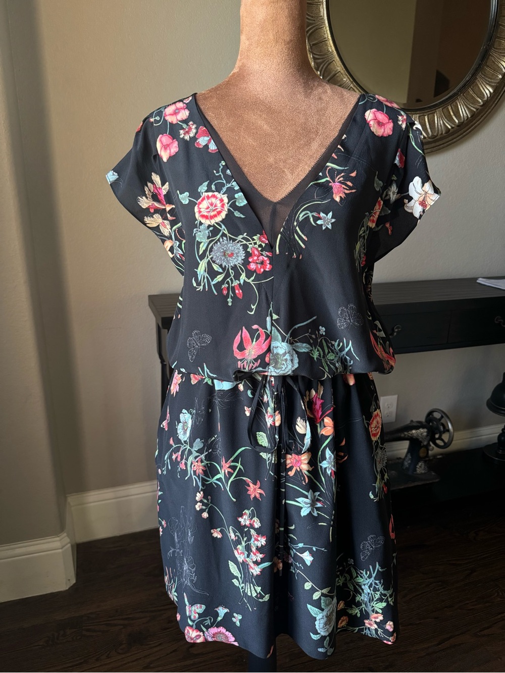 Rebecca Taylor Meadow Silk Floral Mini Dress Black Butterfly V-Neck Size 4